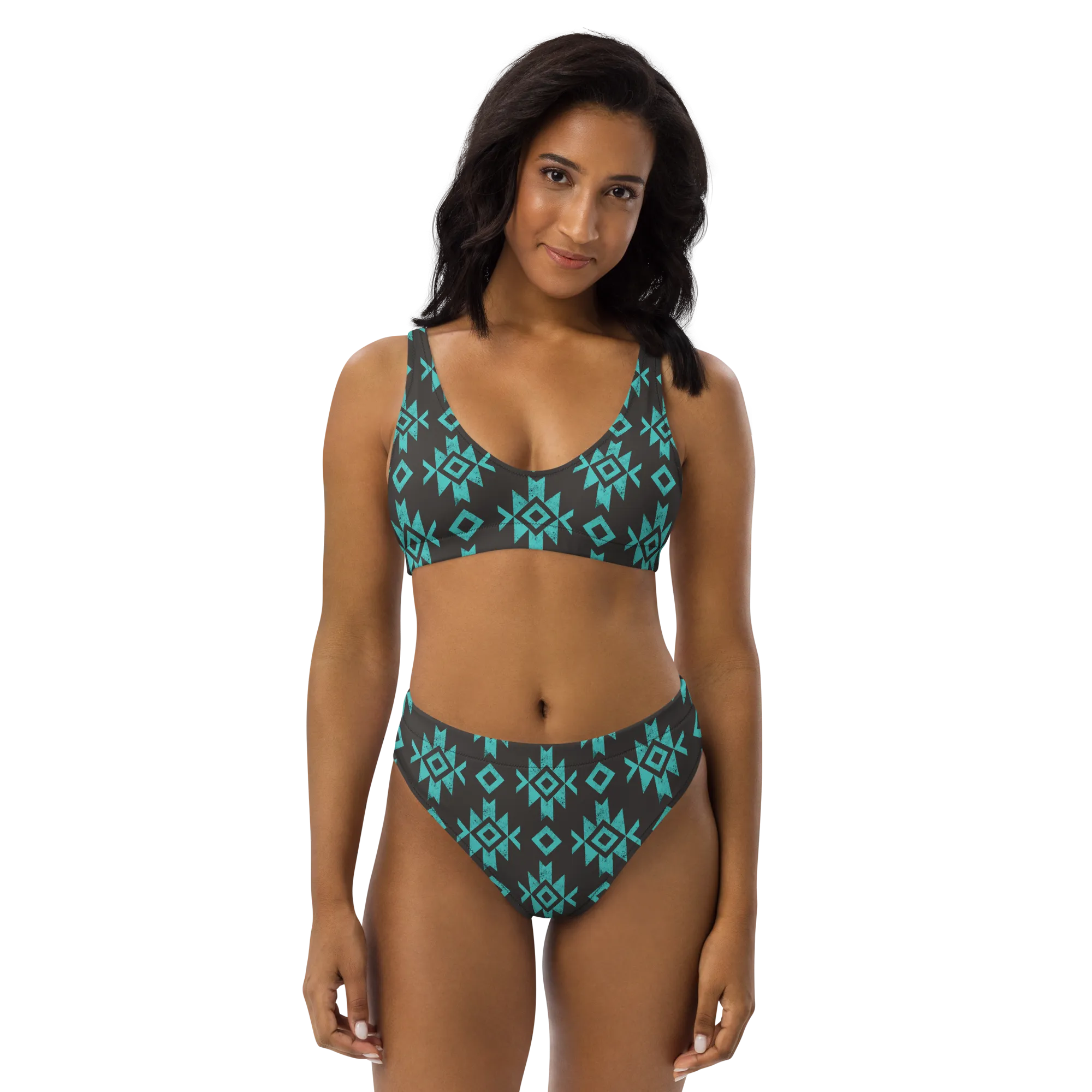 Black & Turquoise Aztec High Waisted Bikini