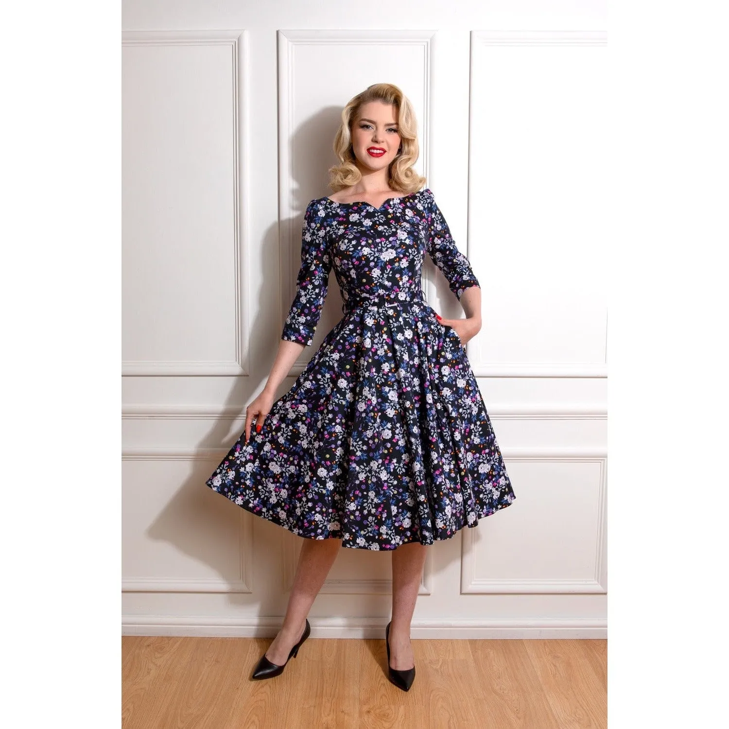 Black Multi Floral Print 3/4 Sleeve 50s Swing Dress