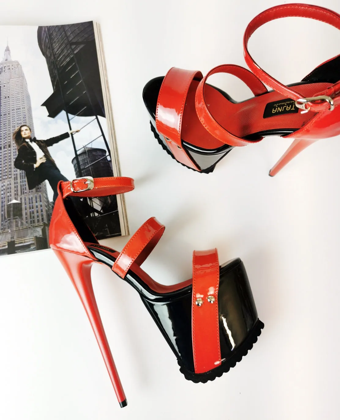 Black Red Patent Serrated Sole Platform Sandals