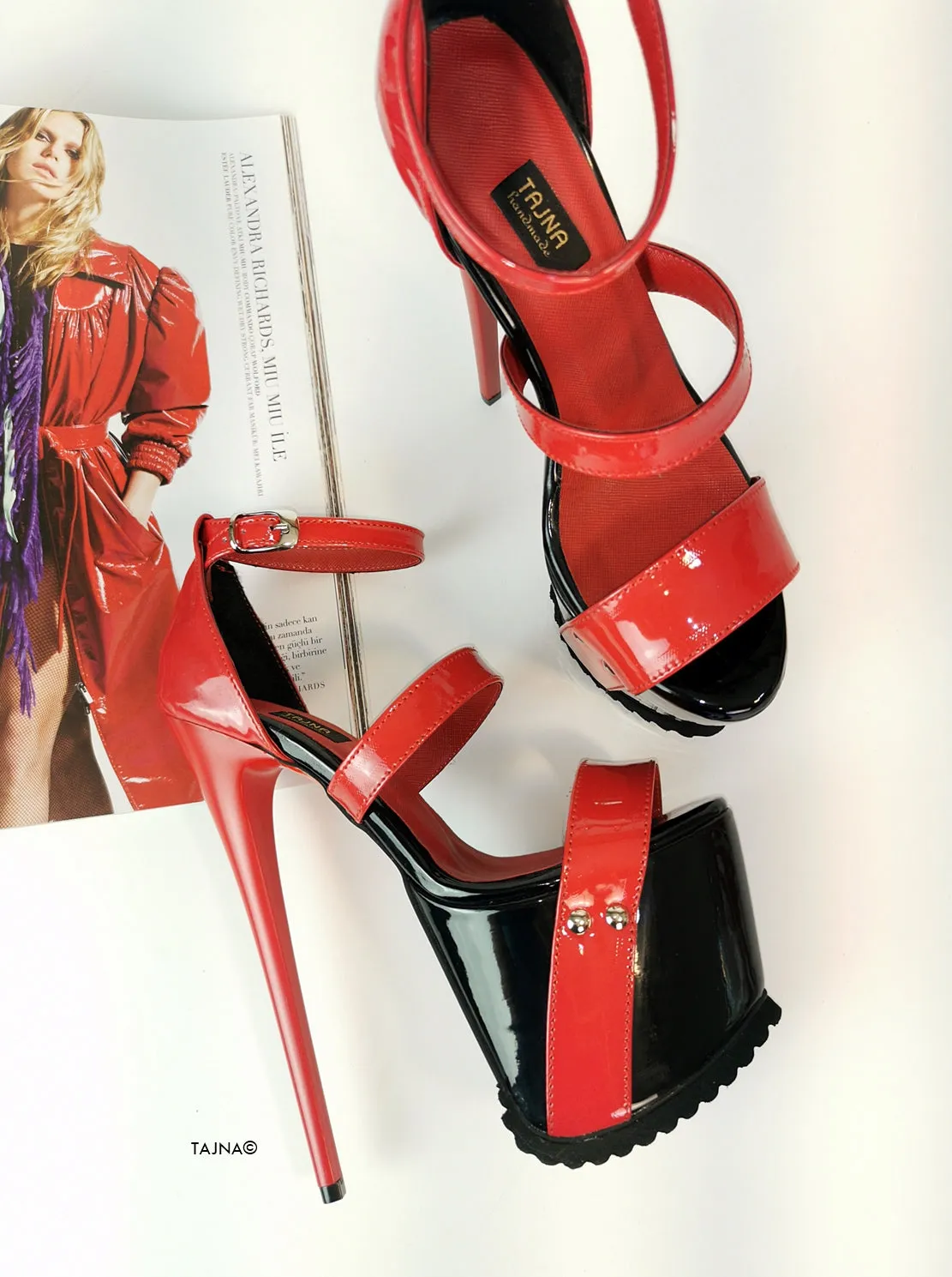 Black Red Patent Serrated Sole Platform Sandals