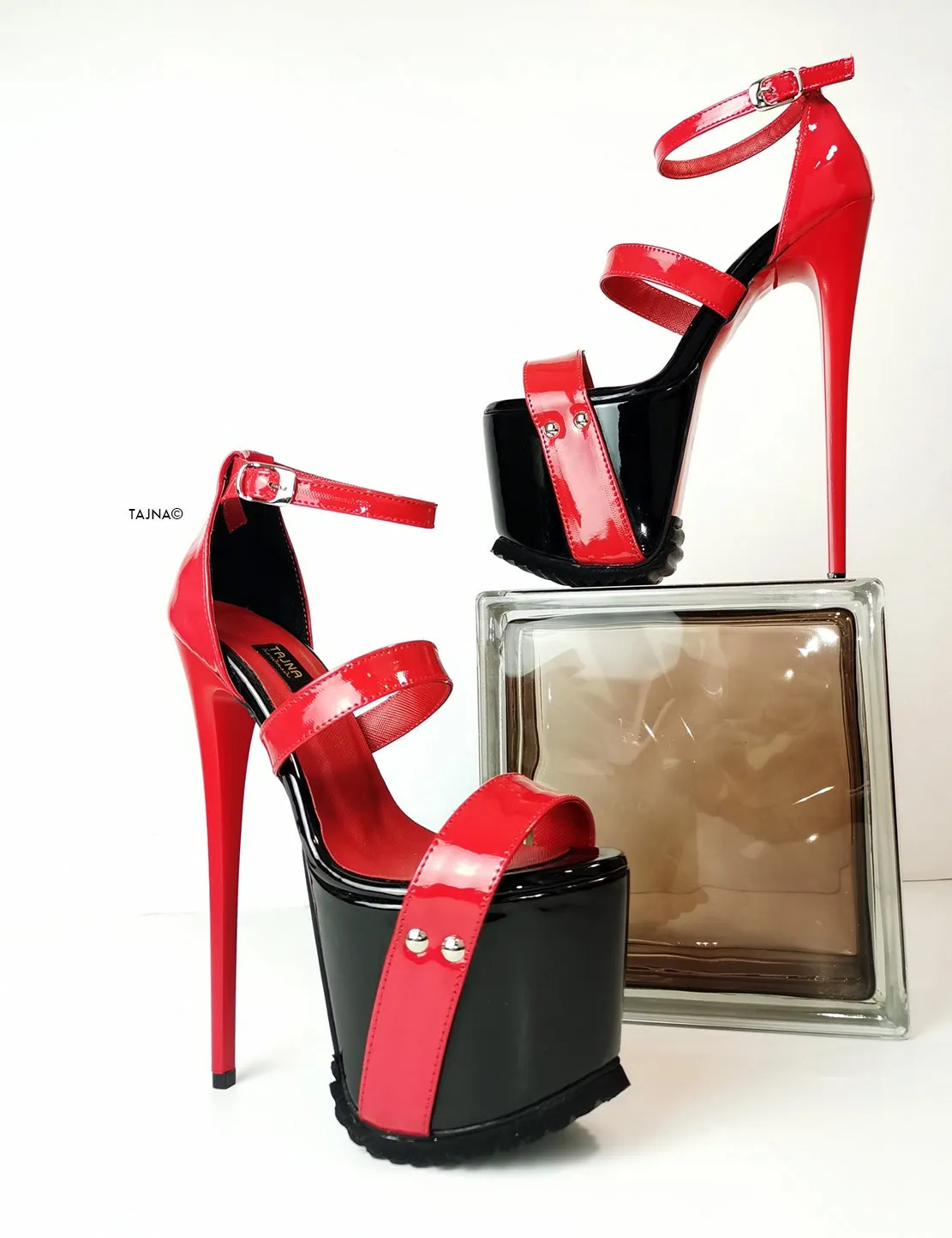 Black Red Patent Serrated Sole Platform Sandals