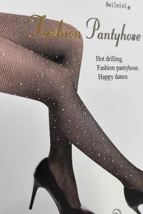 Black Rhinestones Embellished Small Fishnet Tights