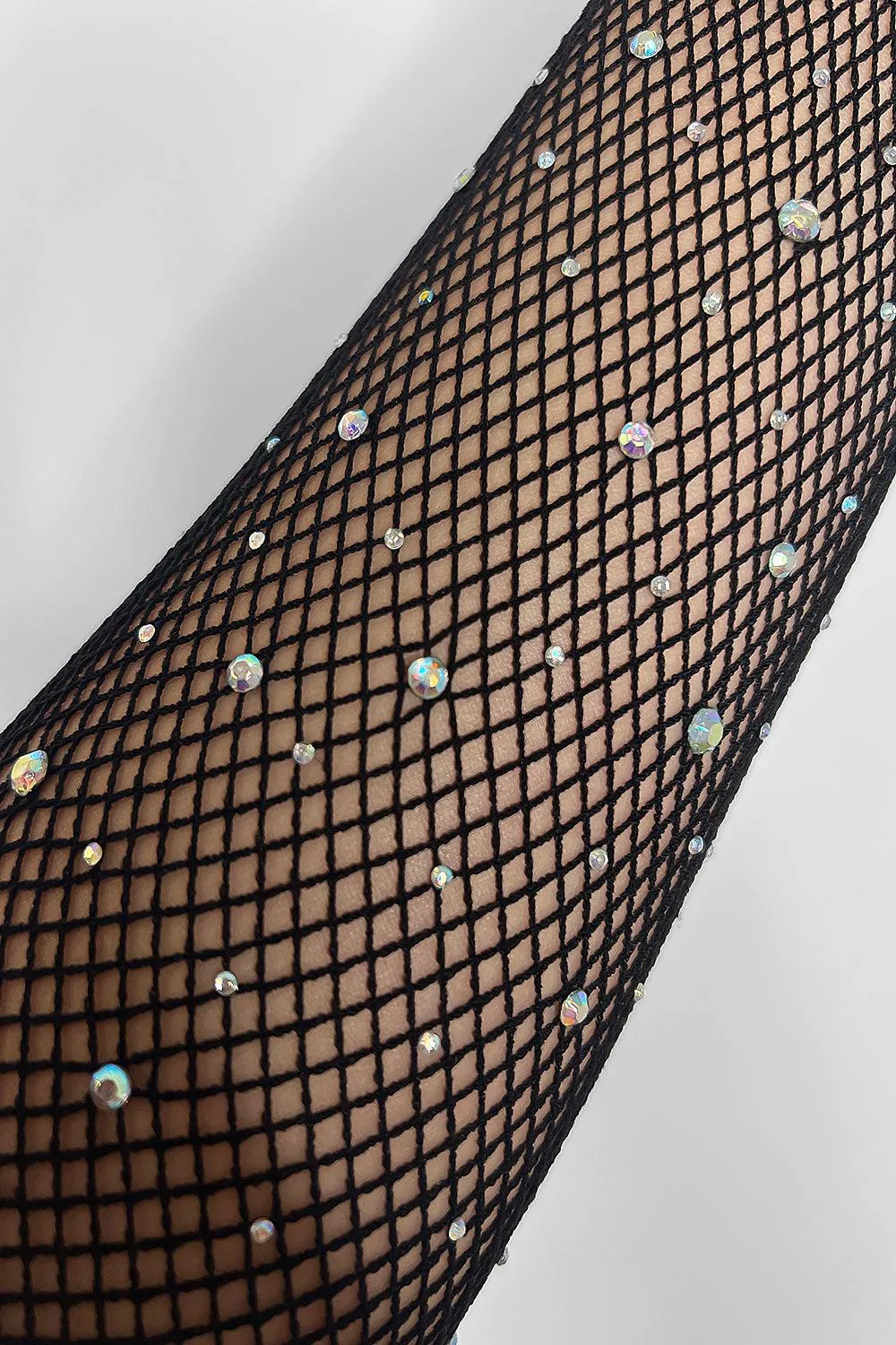 Black Rhinestones Embellished Small Fishnet Tights