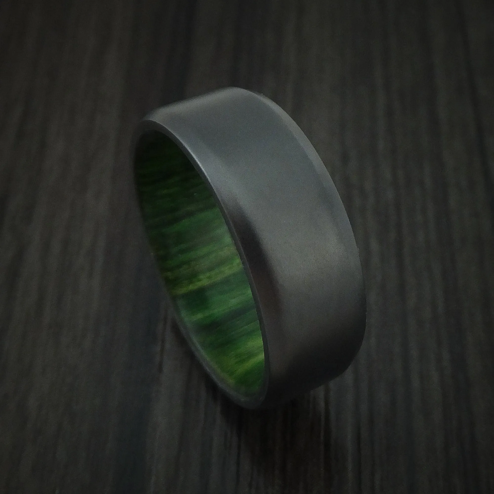 Black Zirconium and Jade Wood Hard Wood Sleeve Men's Ring Custom Made