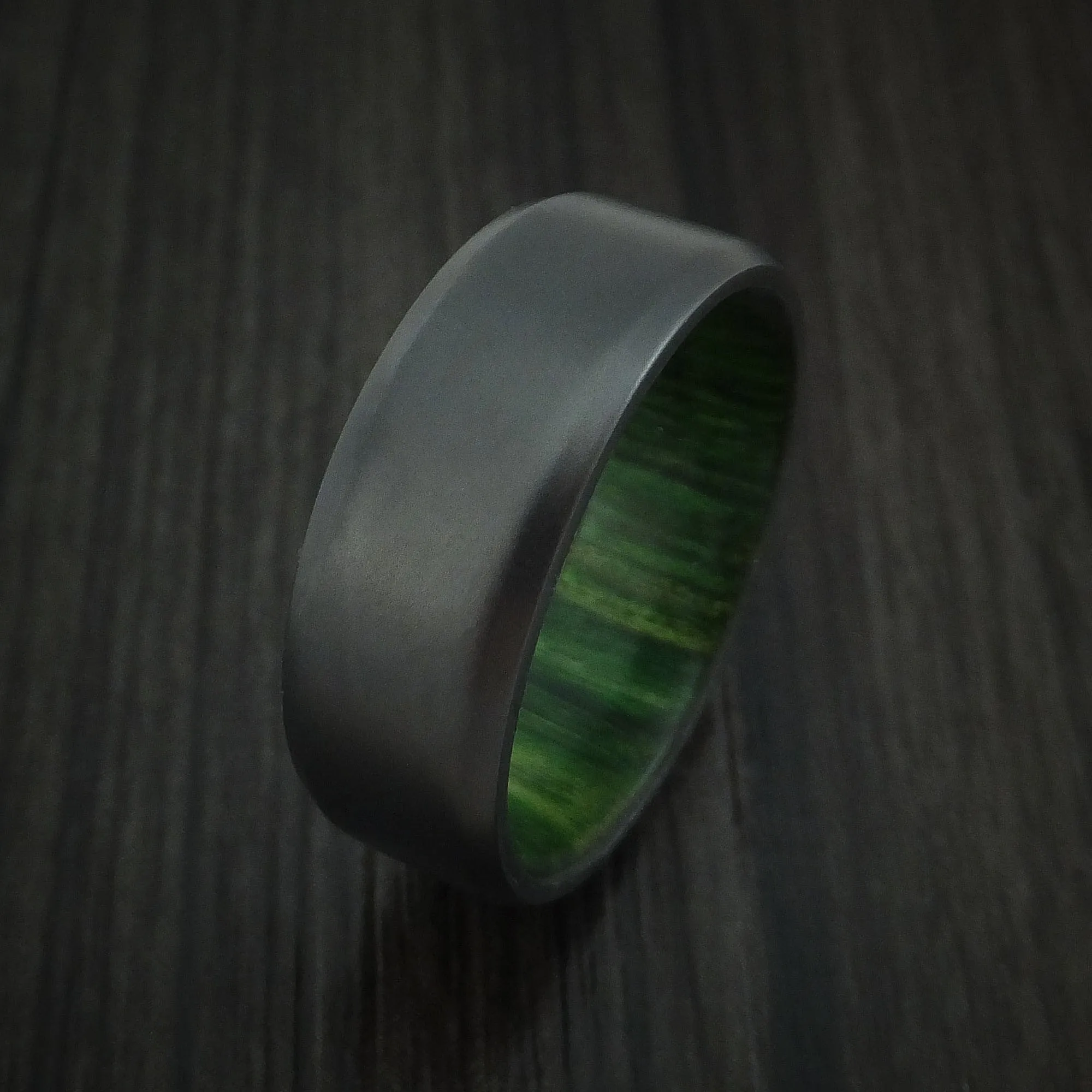 Black Zirconium and Jade Wood Hard Wood Sleeve Men's Ring Custom Made