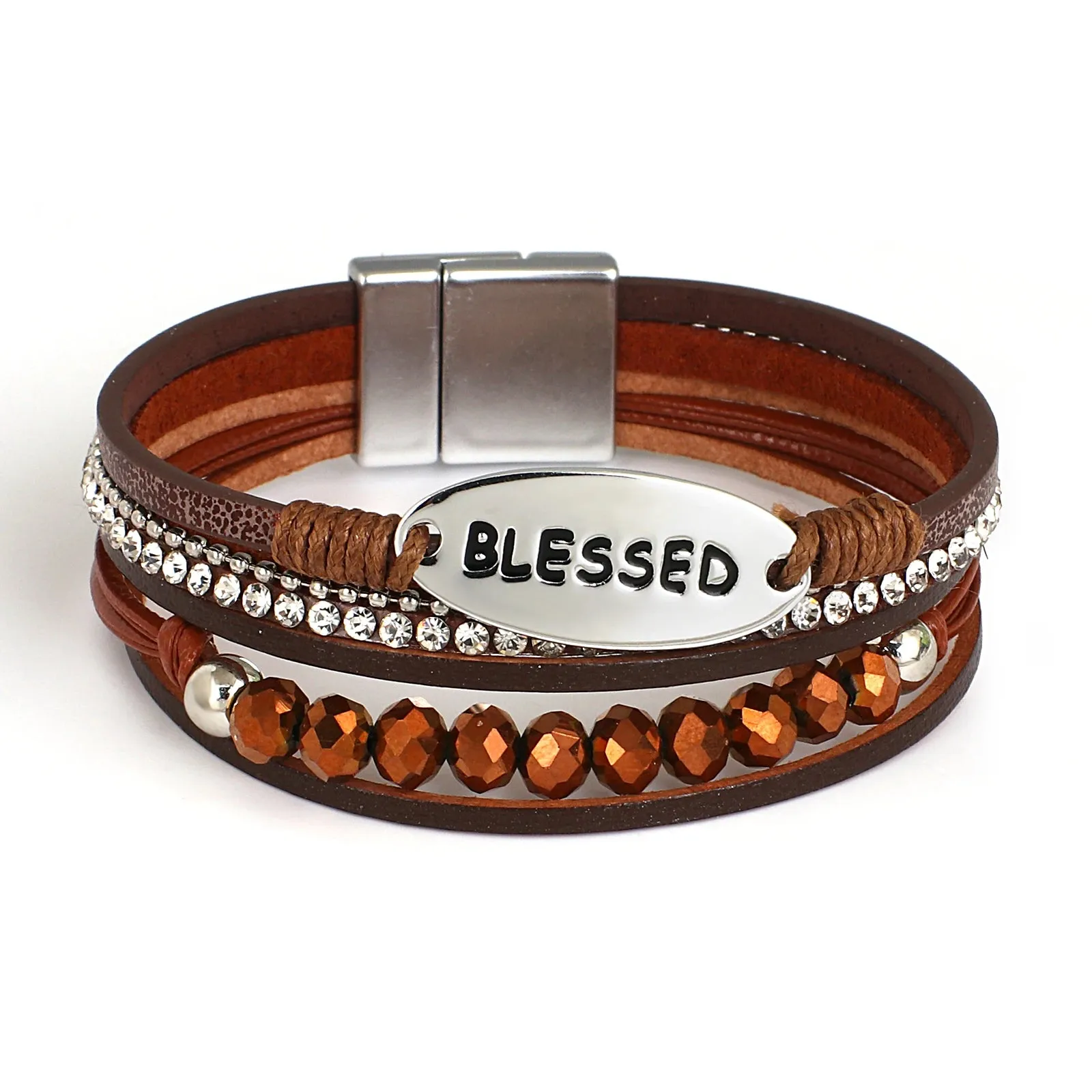 'Blessed' Charm Cuff Bracelet - brown