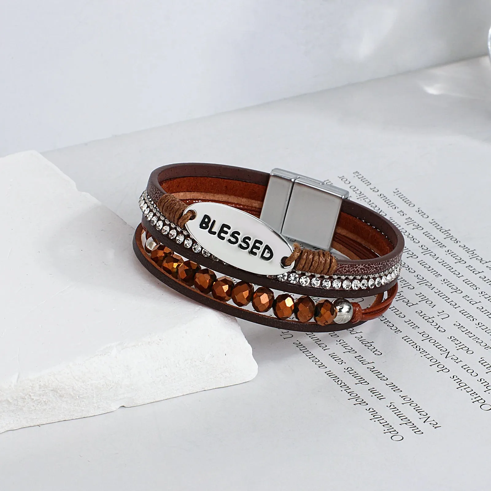 'Blessed' Charm Cuff Bracelet - brown