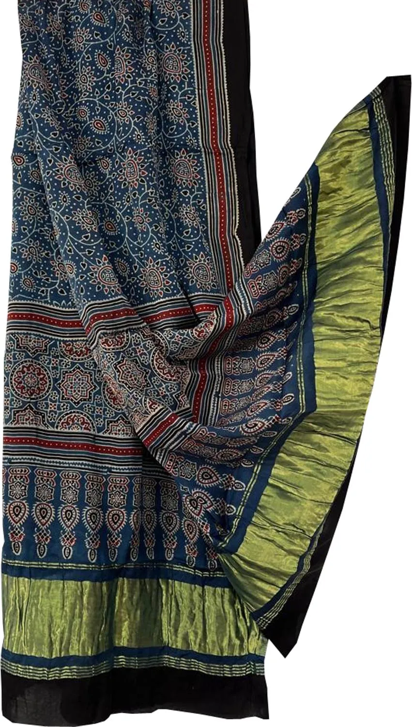 Blue Ajarkh Block Printed Modal Silk Tissue Border Dupatta