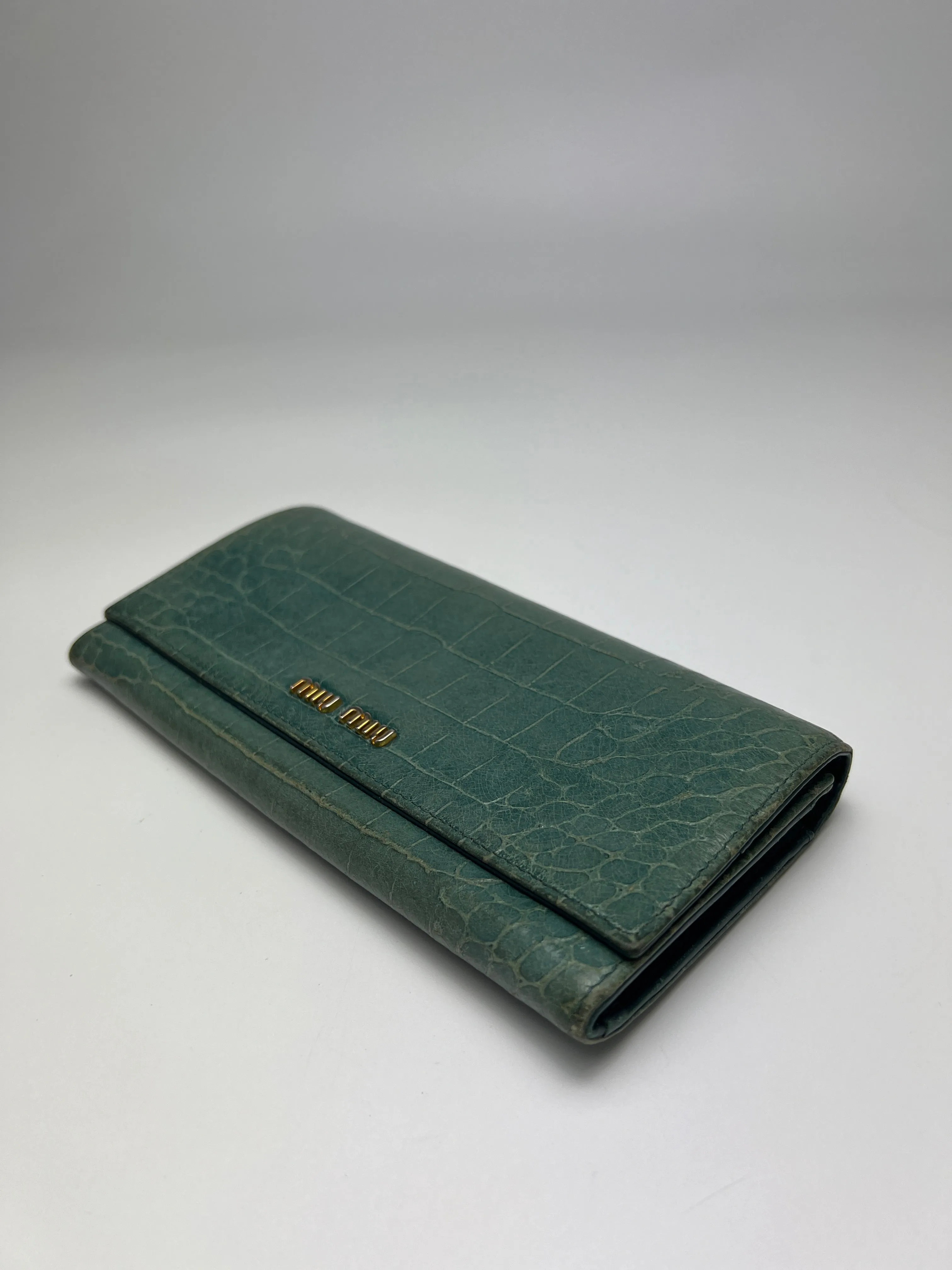 Blue Croc Print Patent Flap Continental Wallet