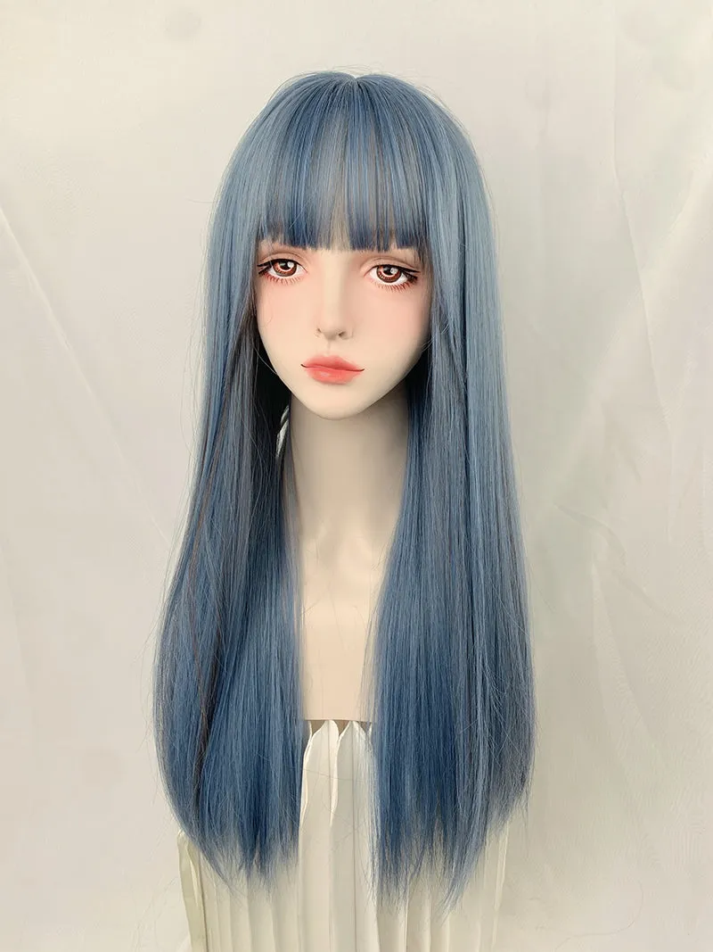 Blue long straight wig KF90497