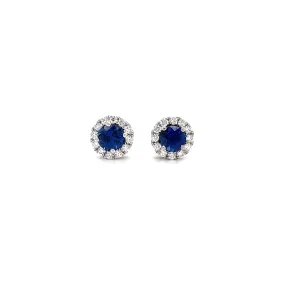 Blue Sapphire Stud Earrings with Diamond Halo in 14K White Gold