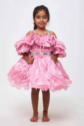 Blush Dream: Girls Organza Ruffle Party Frock with Sparkling Embellishments