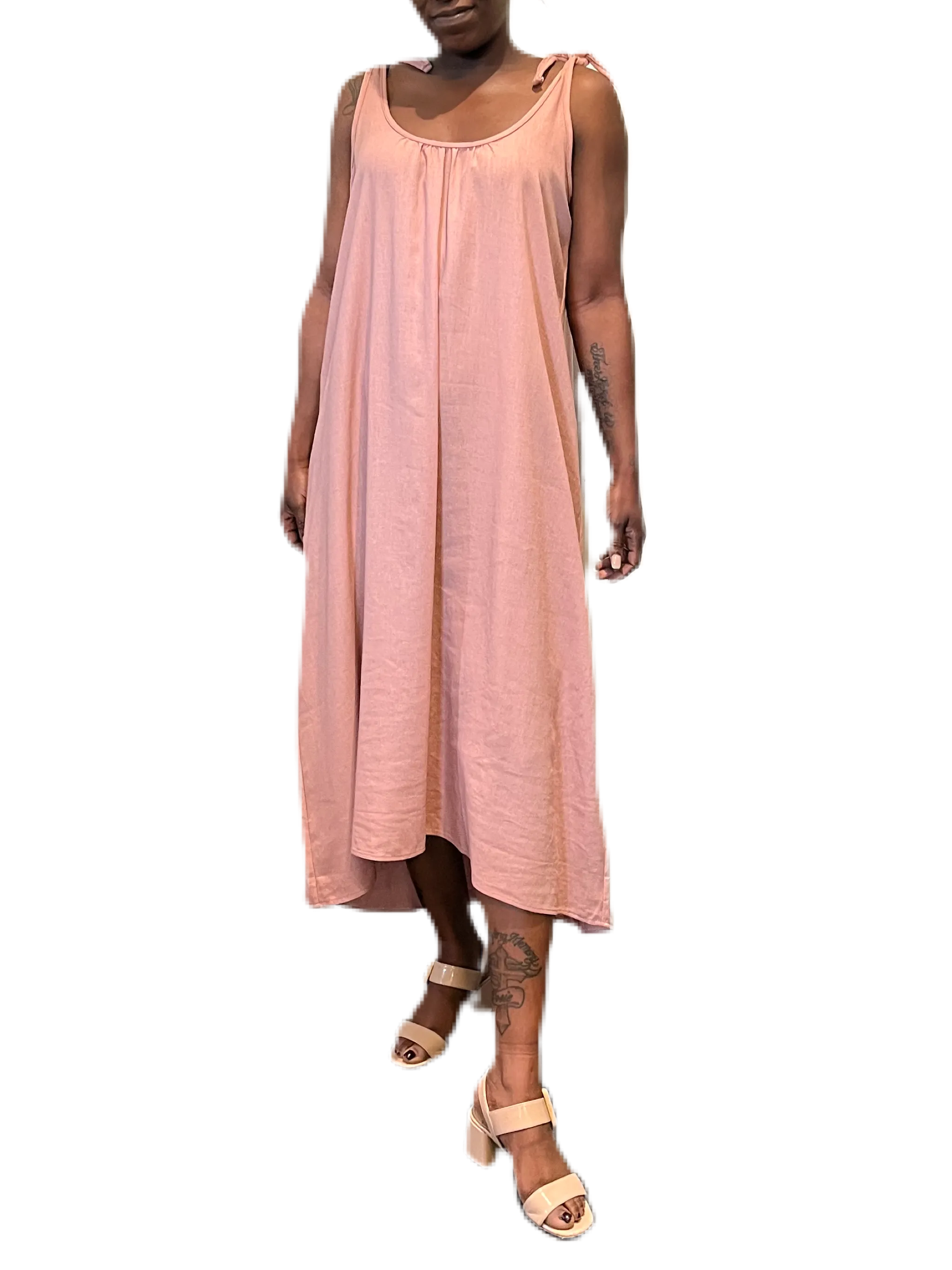 Blush linen blend  tie shoulder dress