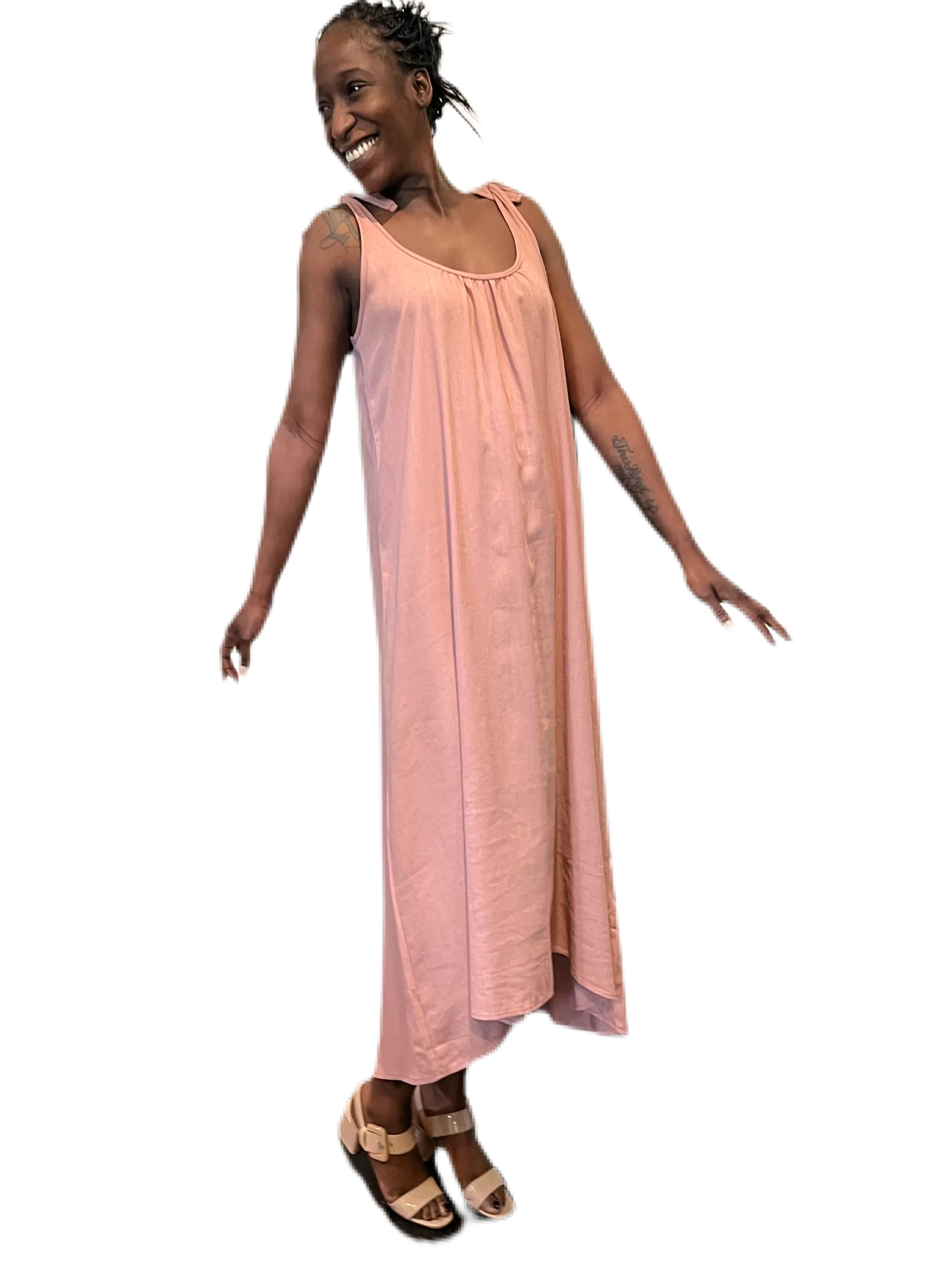 Blush linen blend  tie shoulder dress