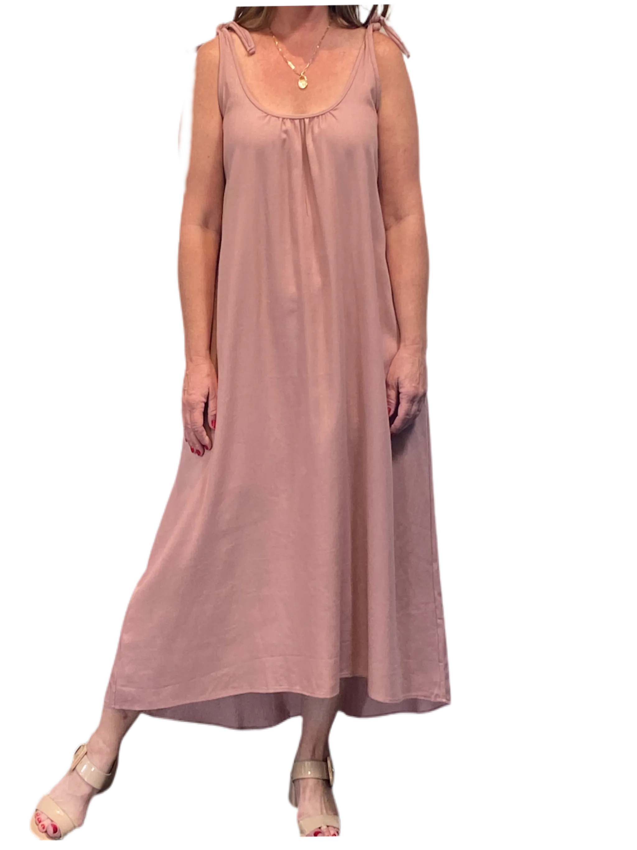 Blush linen blend  tie shoulder dress