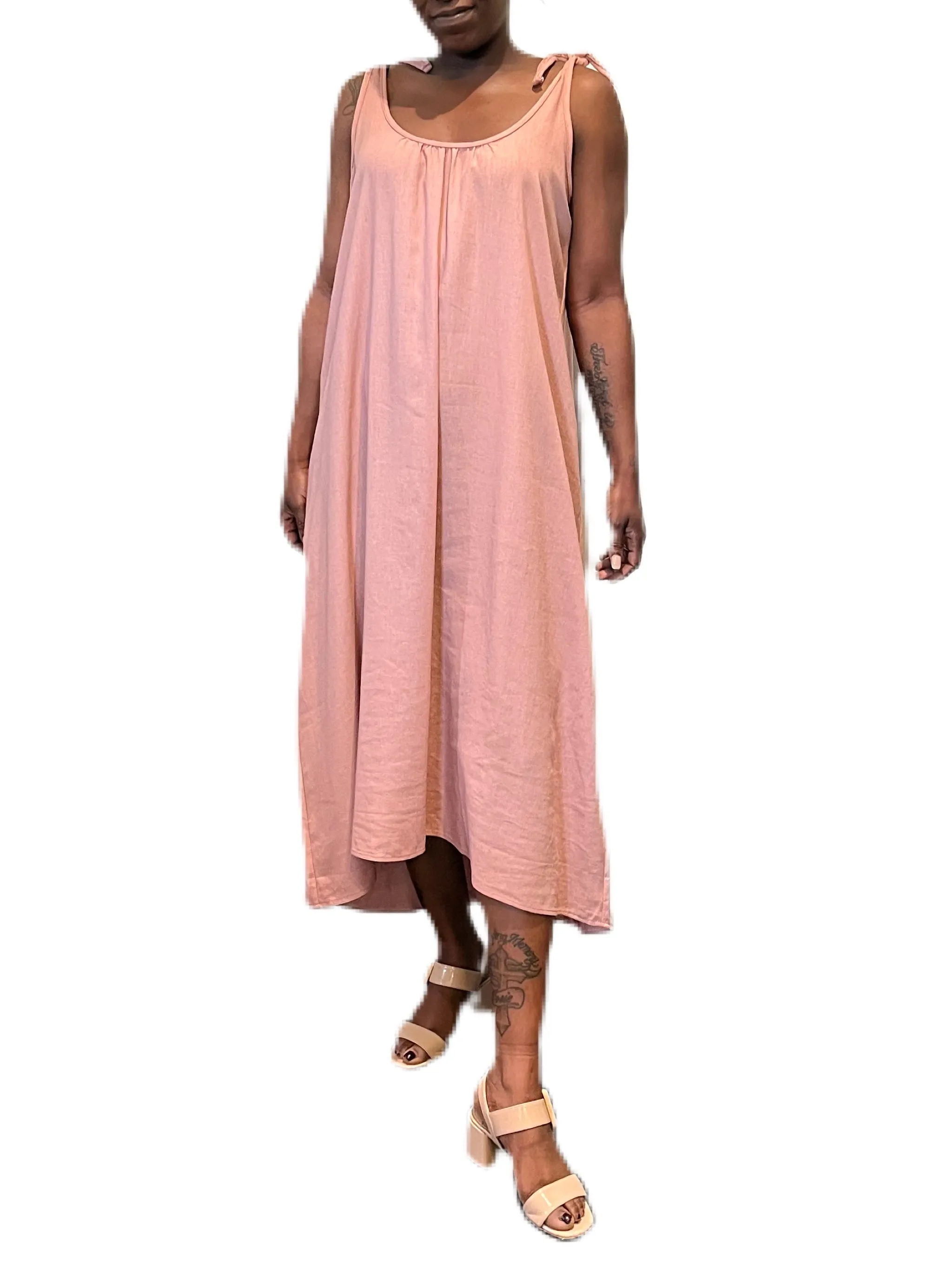 Blush linen blend  tie shoulder dress