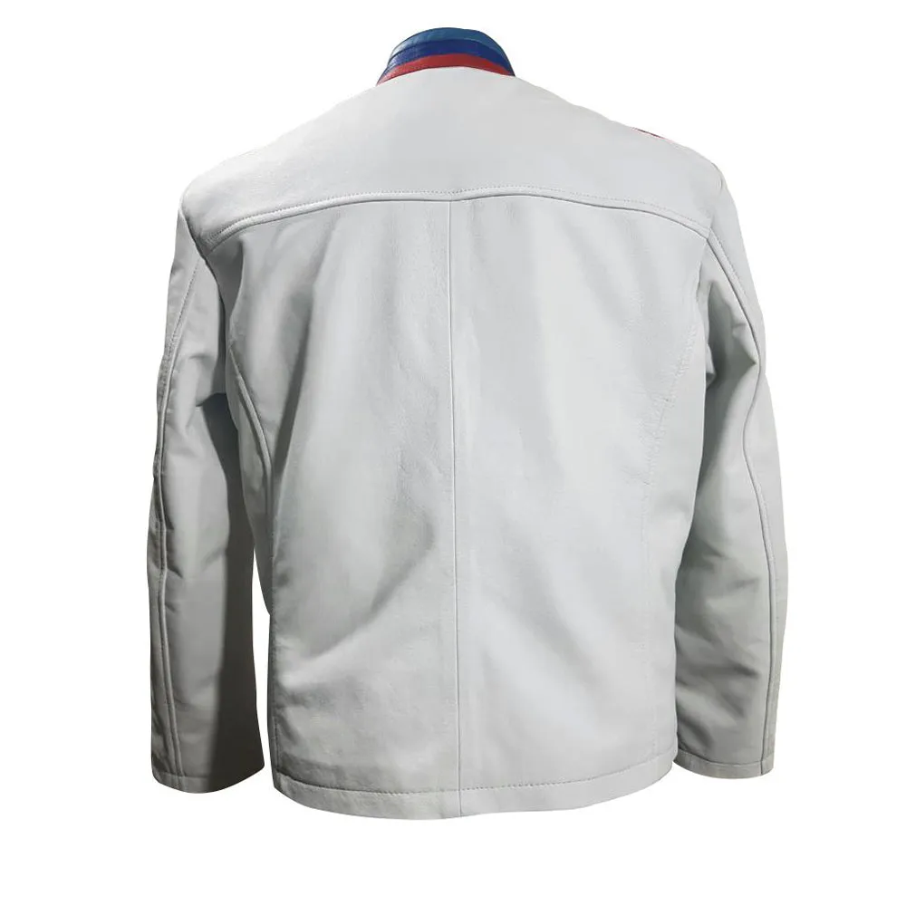 BMW white motorcycle jacket with red and blue stripes and armor protection