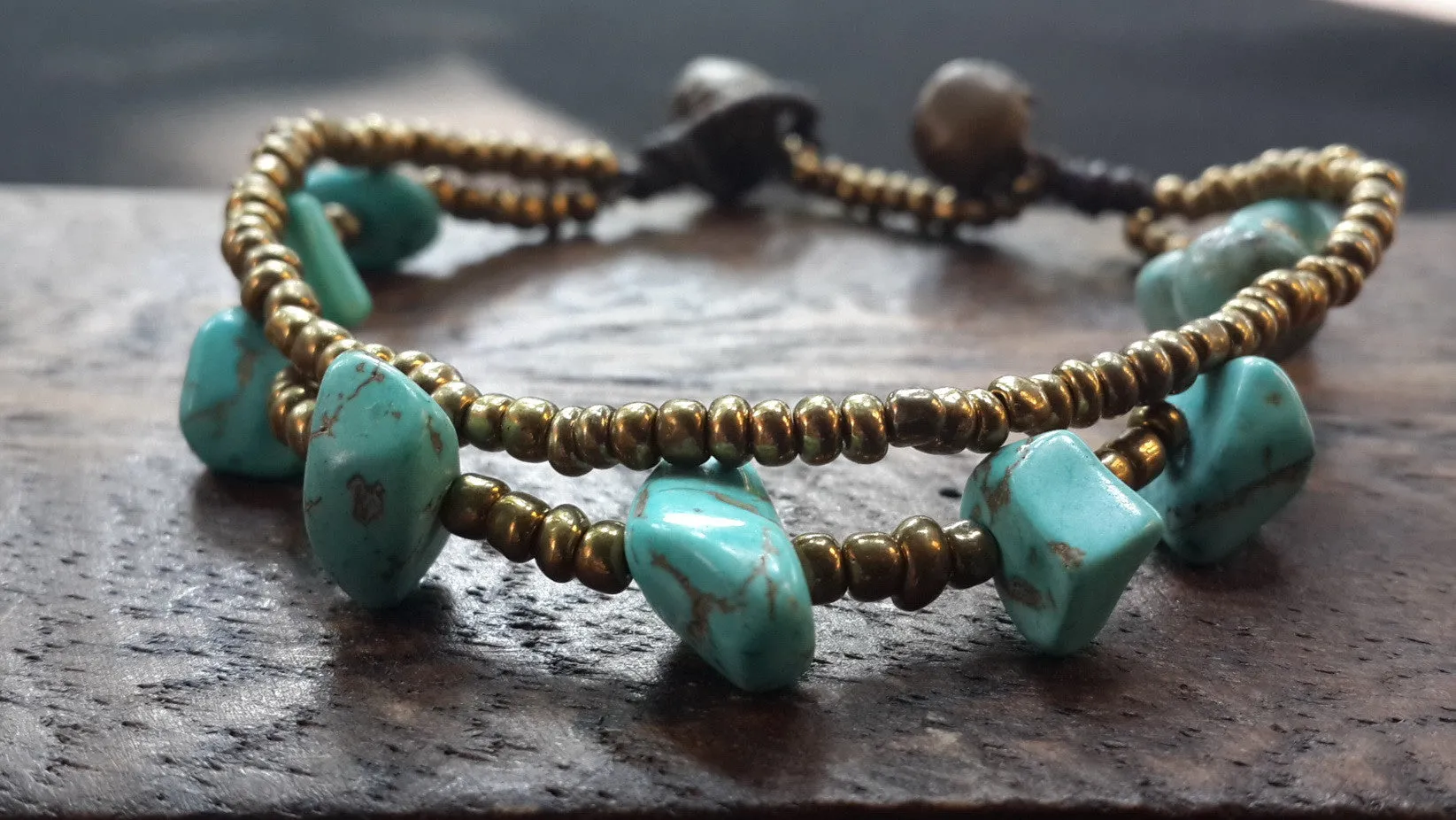 Brass Bead And Turquoise Stone Double Strand Bracelets