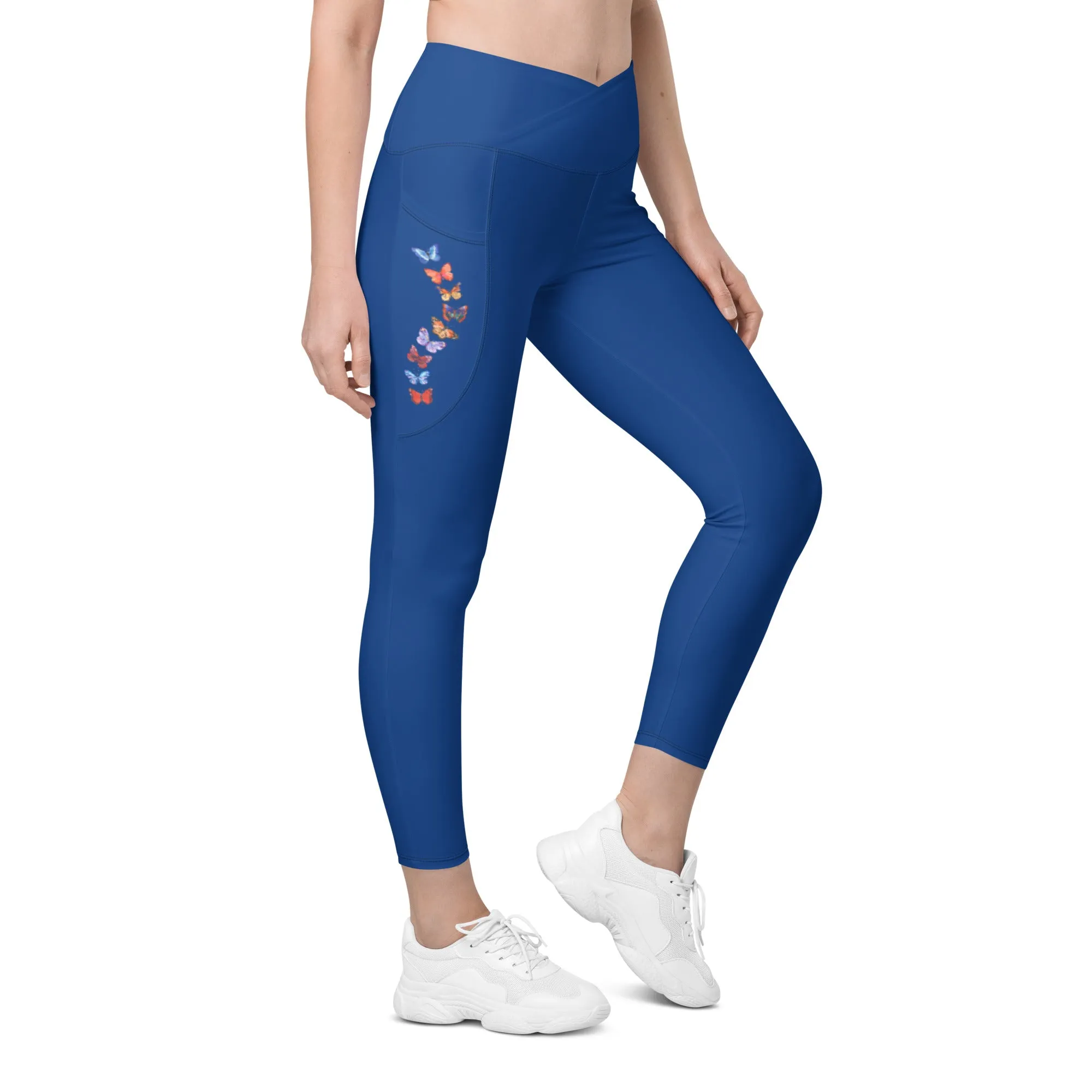 Butterflies in Flight Crossover Waist Leggings With Pockets (Blue)