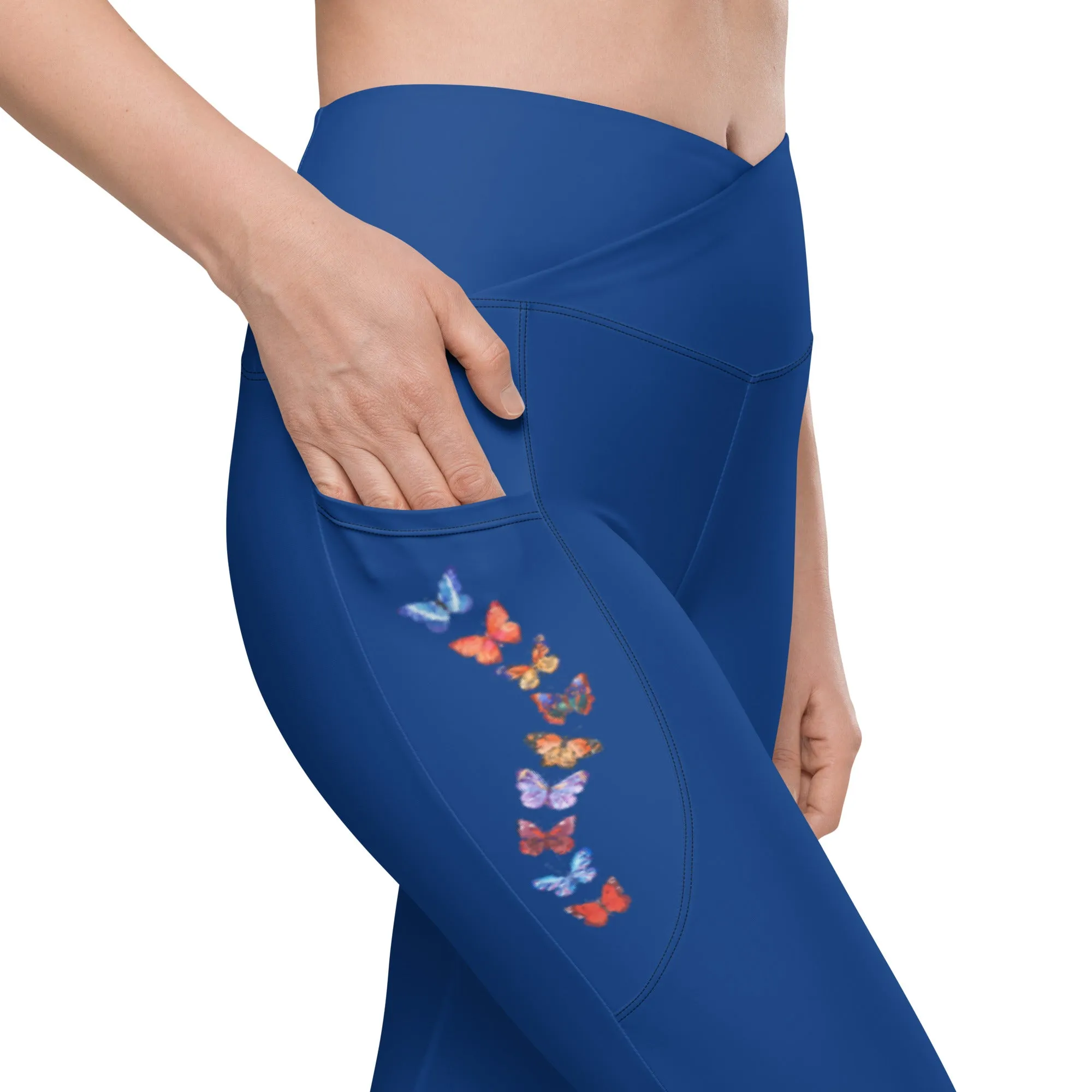 Butterflies in Flight Crossover Waist Leggings With Pockets (Blue)