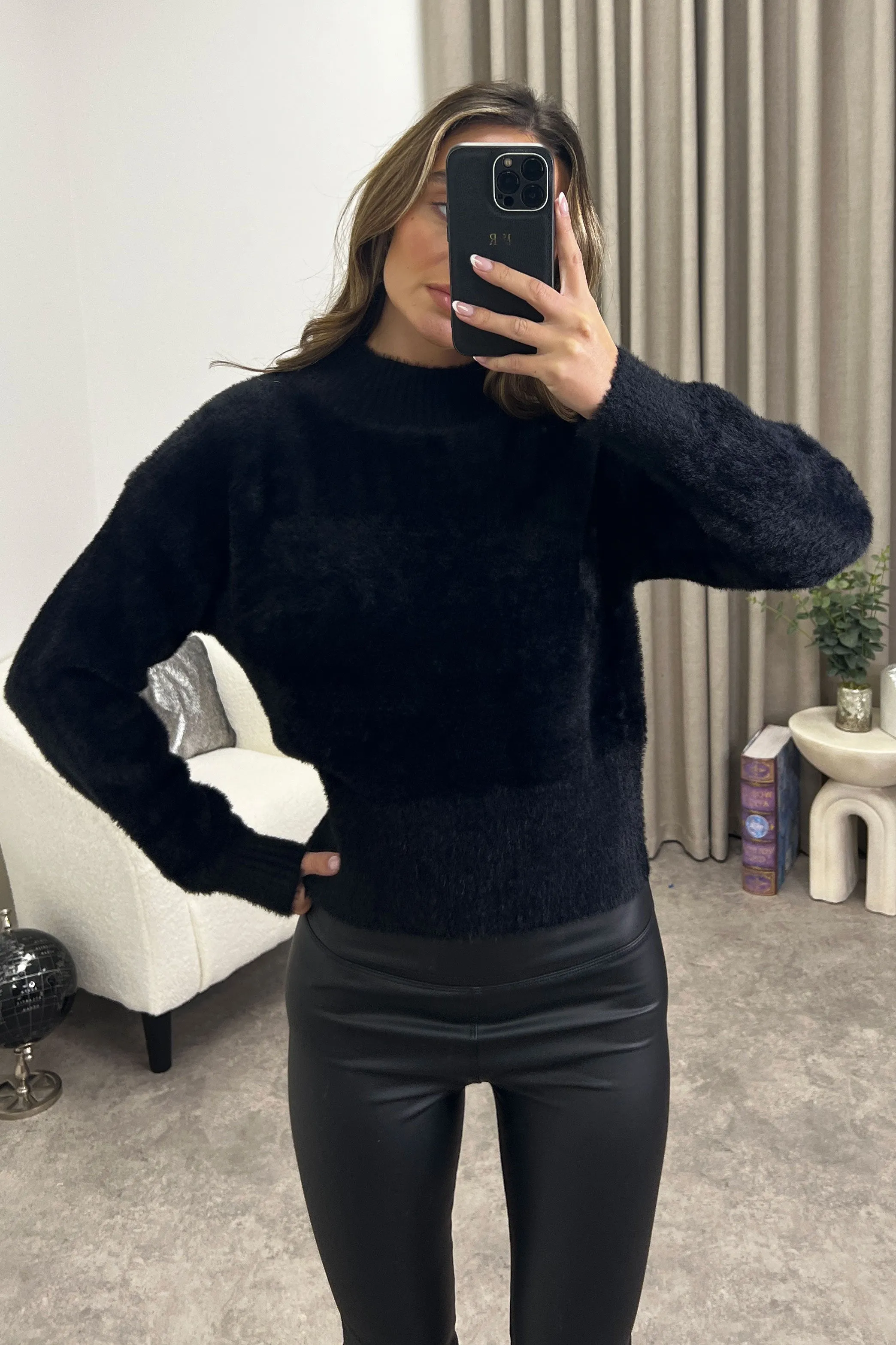 Carie Black Faux Fur High Neck Knit Jumper