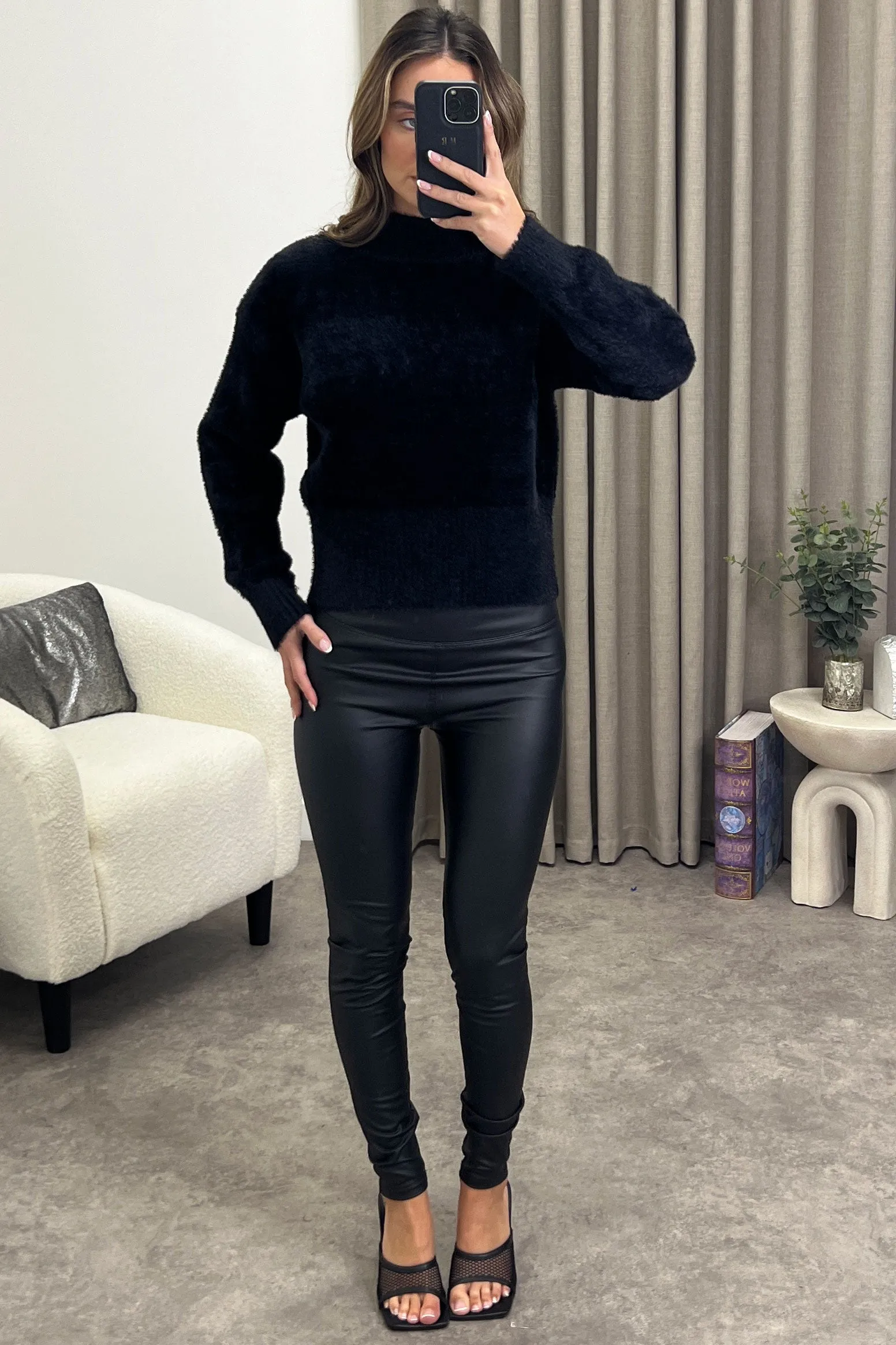 Carie Black Faux Fur High Neck Knit Jumper