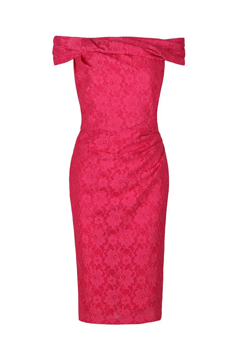 Cerise Pink Lace Bardot Wiggle Pencil Dress