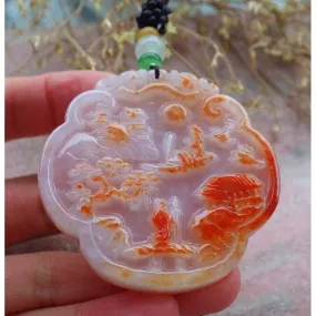 Certified Lavender and Red Natural AAA Jade Jadeite Pendant Heavenly Landscape Painting with Dragon Chasing the Flaming Pearl in the Sky 山水 #31-1226