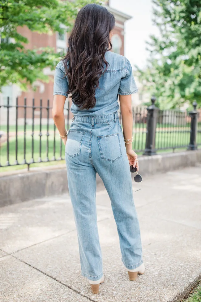 Chances Are Medium Wash Button Up Denim Jumpsuit