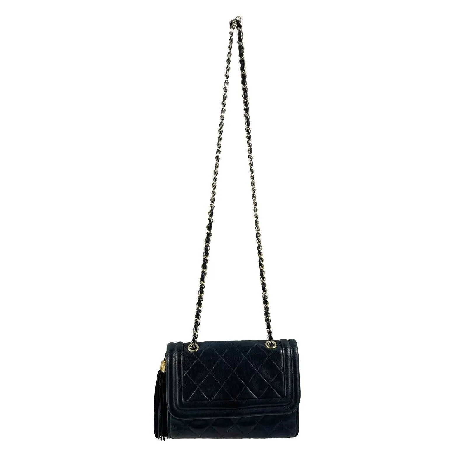 CHANEL - 1990s Diamond Quilted Navy CC Tassel Small Shoulder Bag / Crossbody