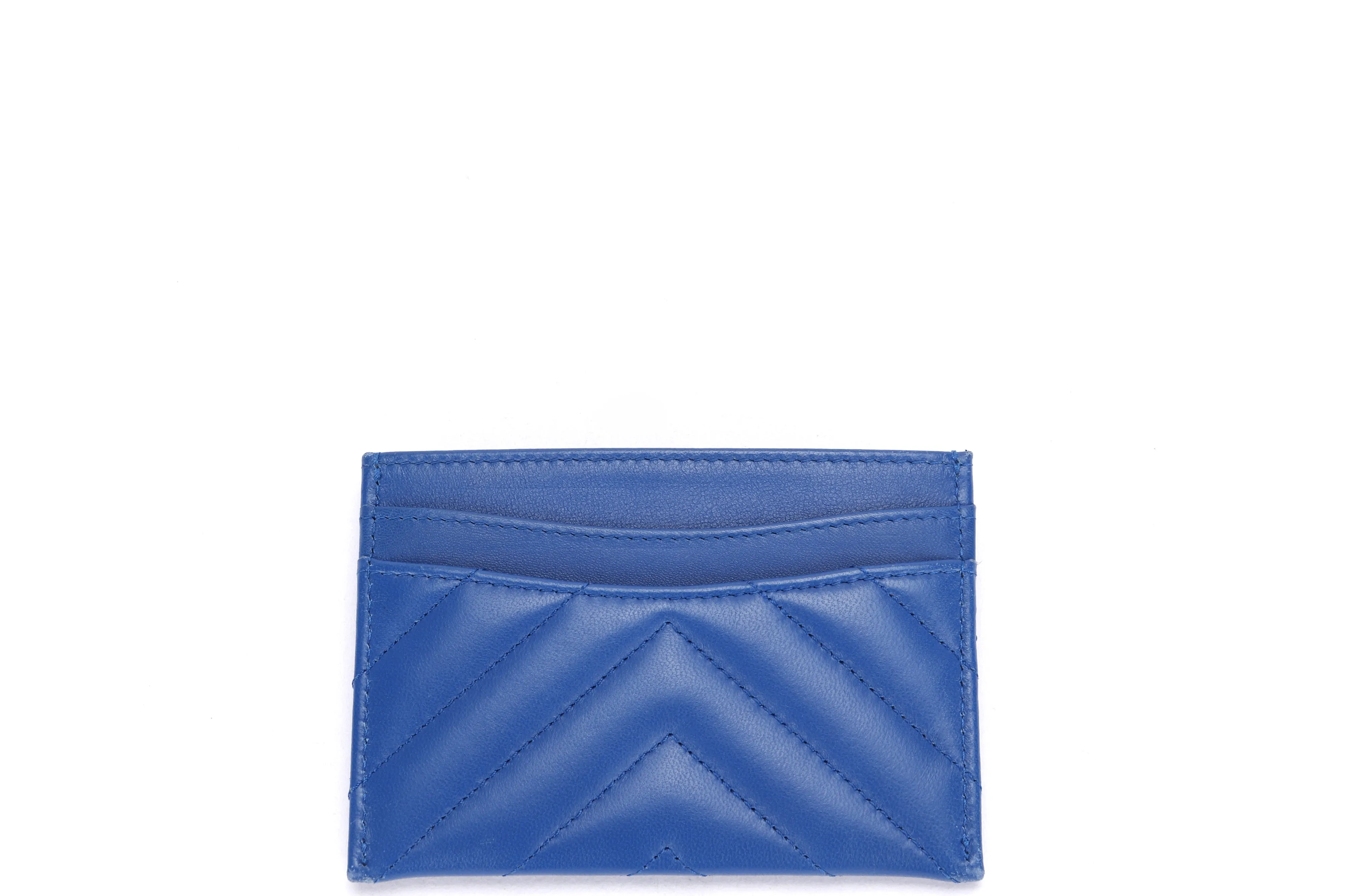 CHANEL BLUE CHEVRON LAMBSKIN CARD HOLDER (2716xxxx), GHW, WITH CARD, DUST COVER & BOX