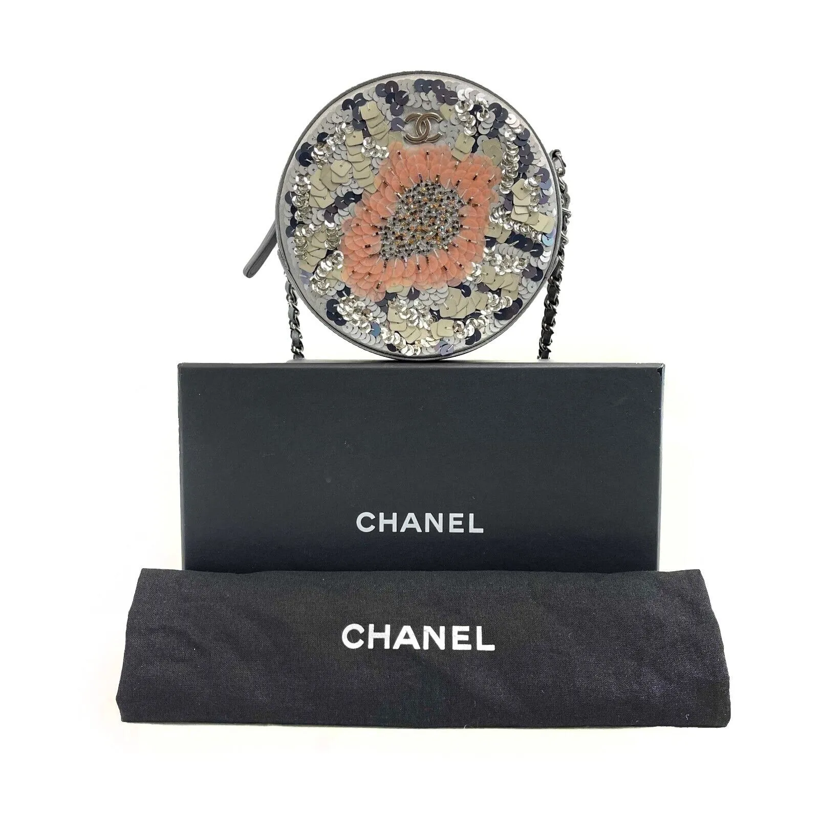 CHANEL - CC Sequined / Leather Round - Gray / Pink Mini Crossbody