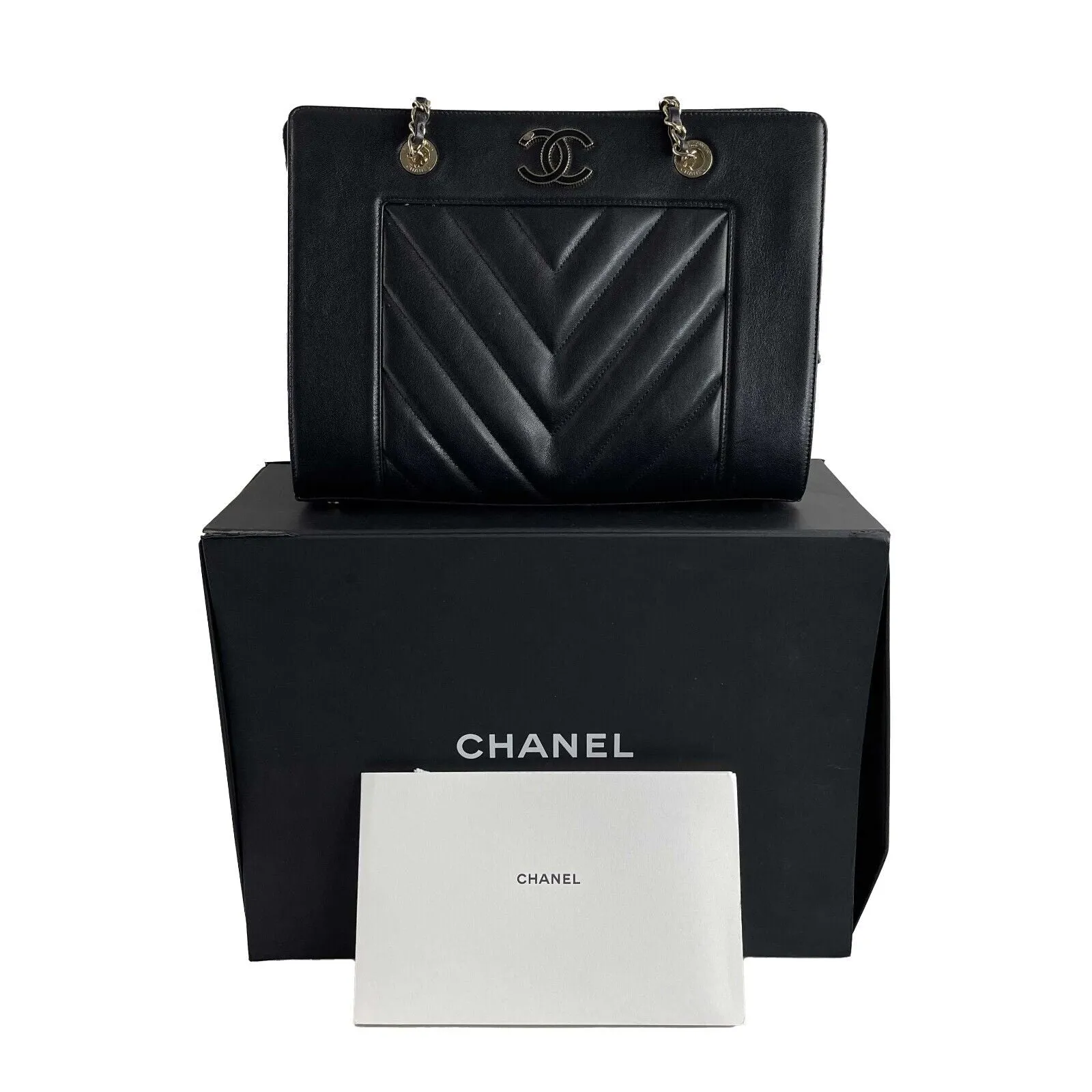 CHANEL - Mademoiselle Large Shopping Tote -Black Leather CC Chevron Shoulder Bag