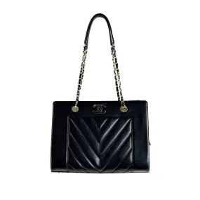 CHANEL - Mademoiselle Large Shopping Tote -Black Leather CC Chevron Shoulder Bag