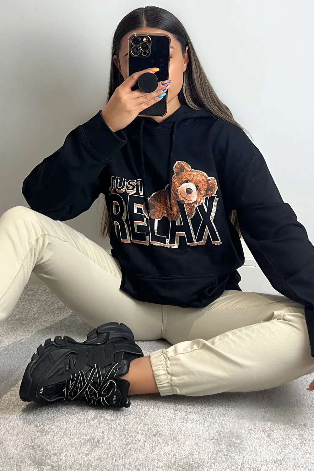 Clarissa Black Relax Teddy Graphic Print Oversized Hoodie