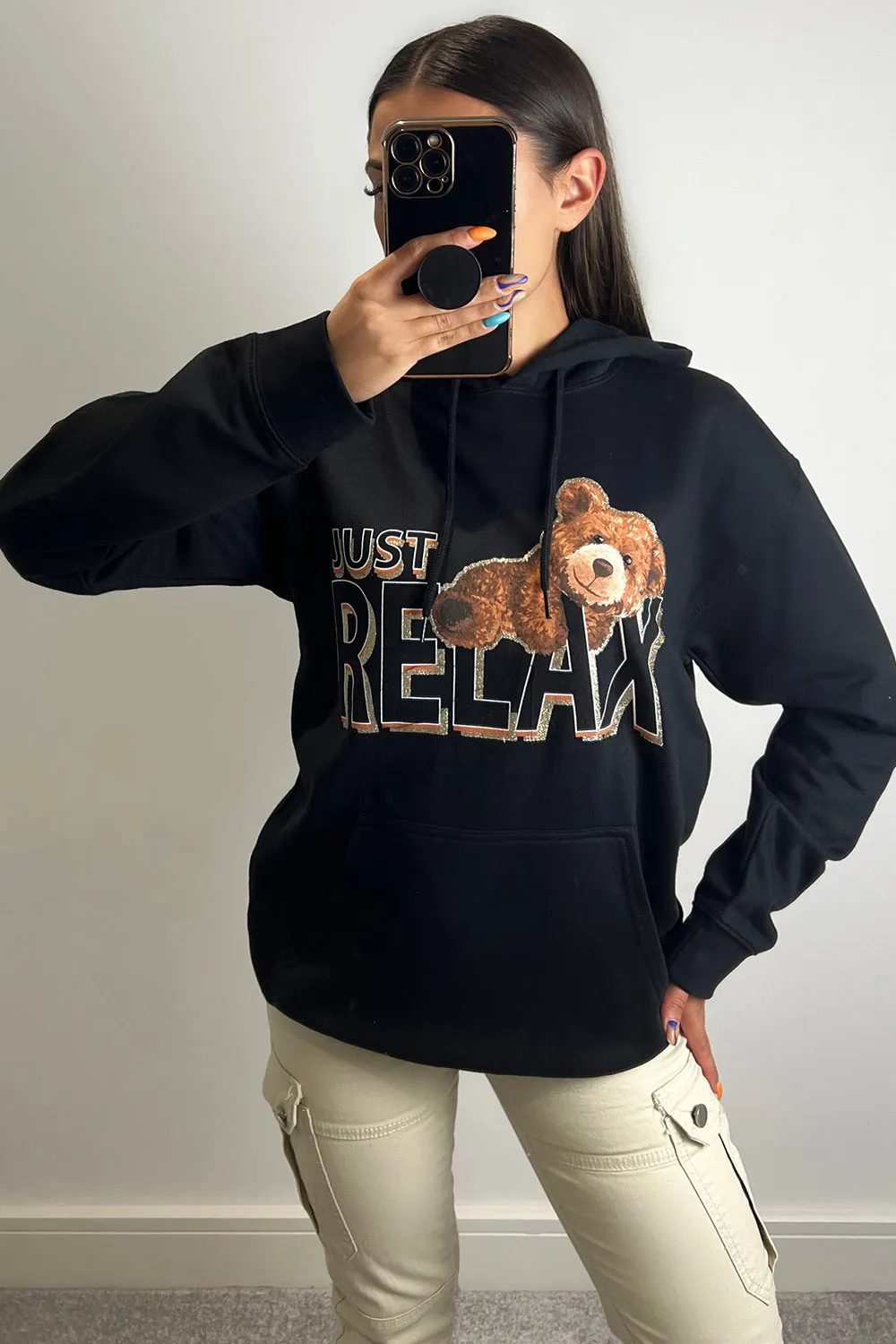 Clarissa Black Relax Teddy Graphic Print Oversized Hoodie