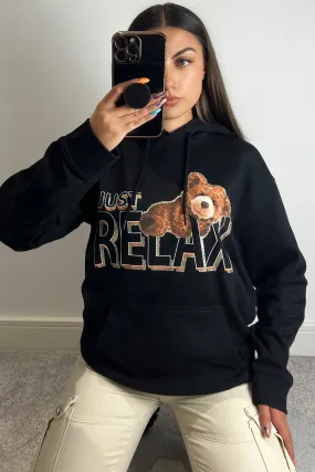 Clarissa Black Relax Teddy Graphic Print Oversized Hoodie