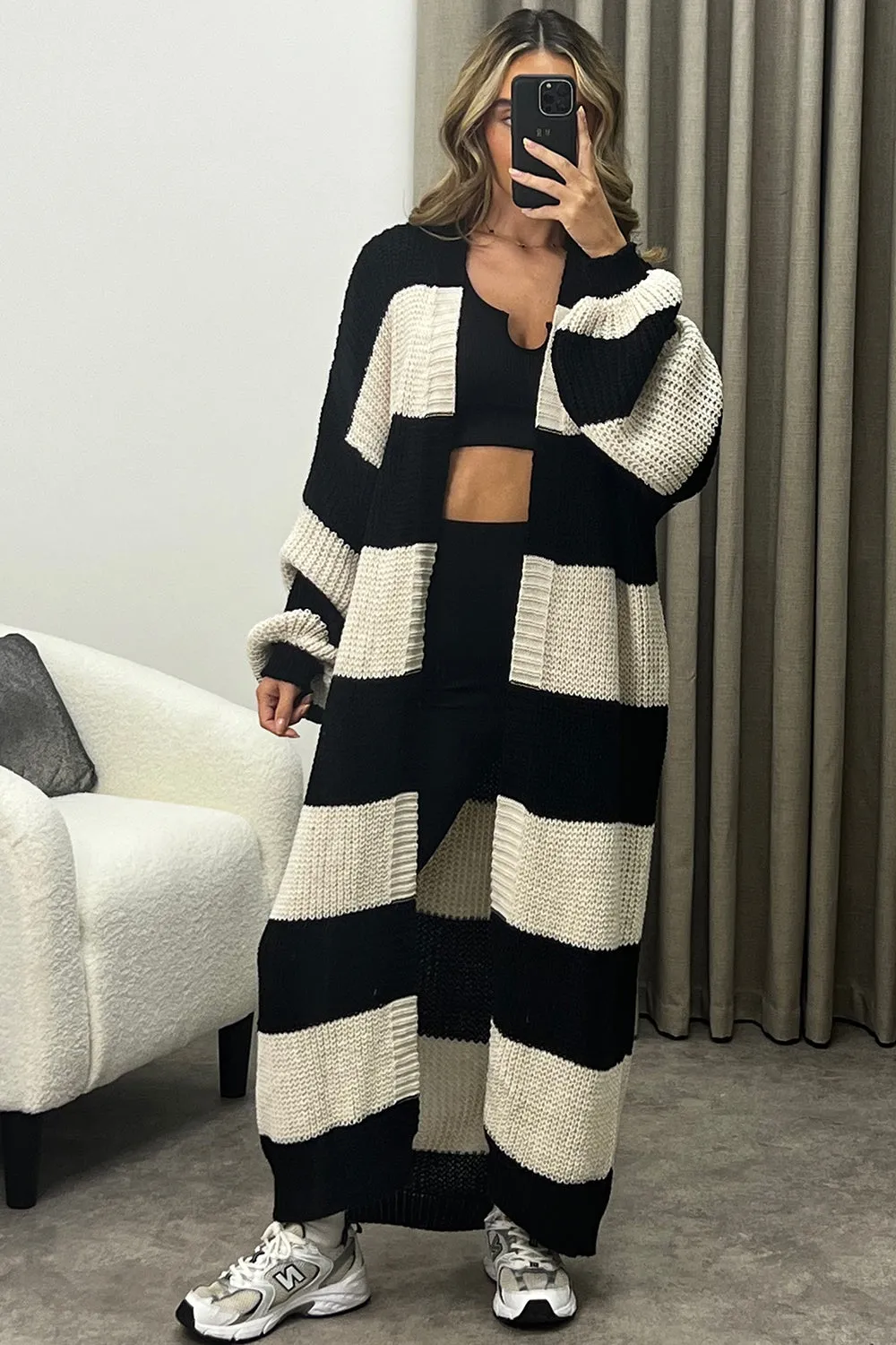 Corinna Black and Beige Stripe Maxi Knitted Cardigan