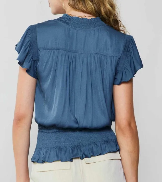 Current Air Dusty Blue Cap Sleeve Blouse with Smocked Waist