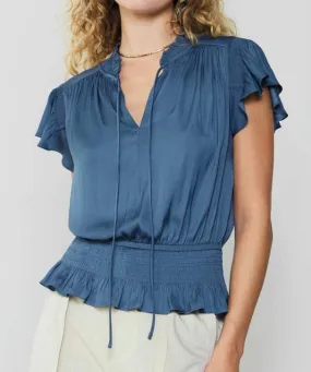 Current Air Dusty Blue Cap Sleeve Blouse with Smocked Waist