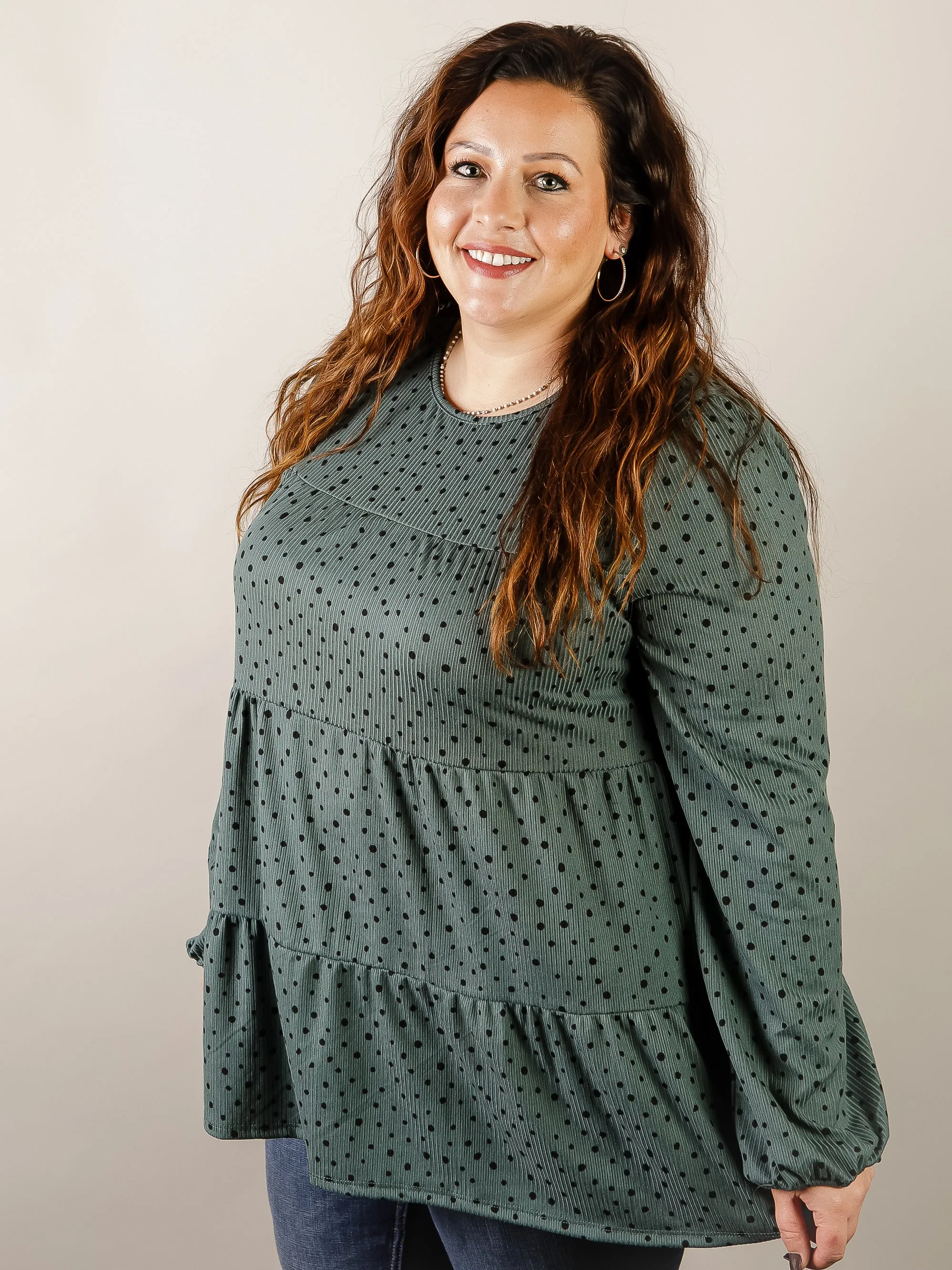 Curvy Hunter Green Tiered Polka Dot Top