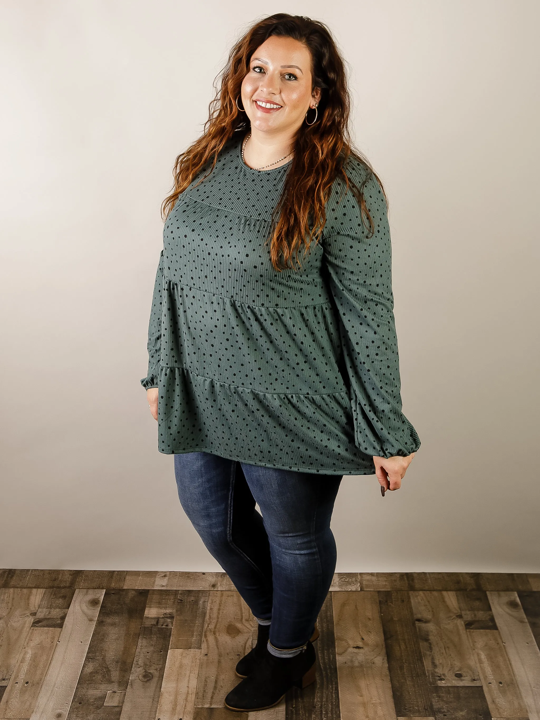 Curvy Hunter Green Tiered Polka Dot Top