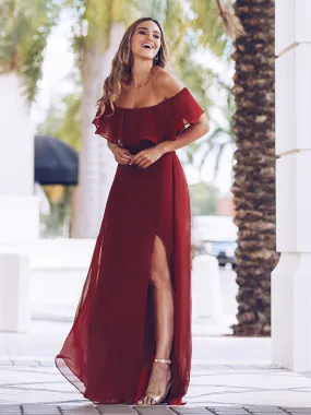 Custom Size Women's Off Shoulder Ruffle Thigh Split Wholesale Bridesmaid Dresses