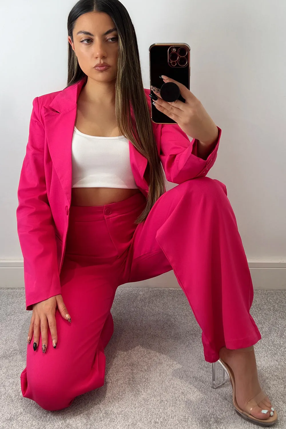 Cyndi Pink High Waisted Wide Leg Tailored Trousers