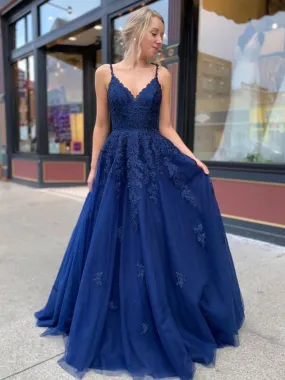 Dark Blue V Neck Tulle Applique Long Prom Dresses  SH566