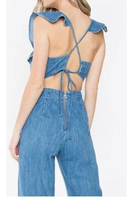 Denim Criss Cross Back Ruffled Sleeve Jumpsuit