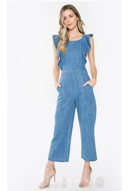 Denim Criss Cross Back Ruffled Sleeve Jumpsuit