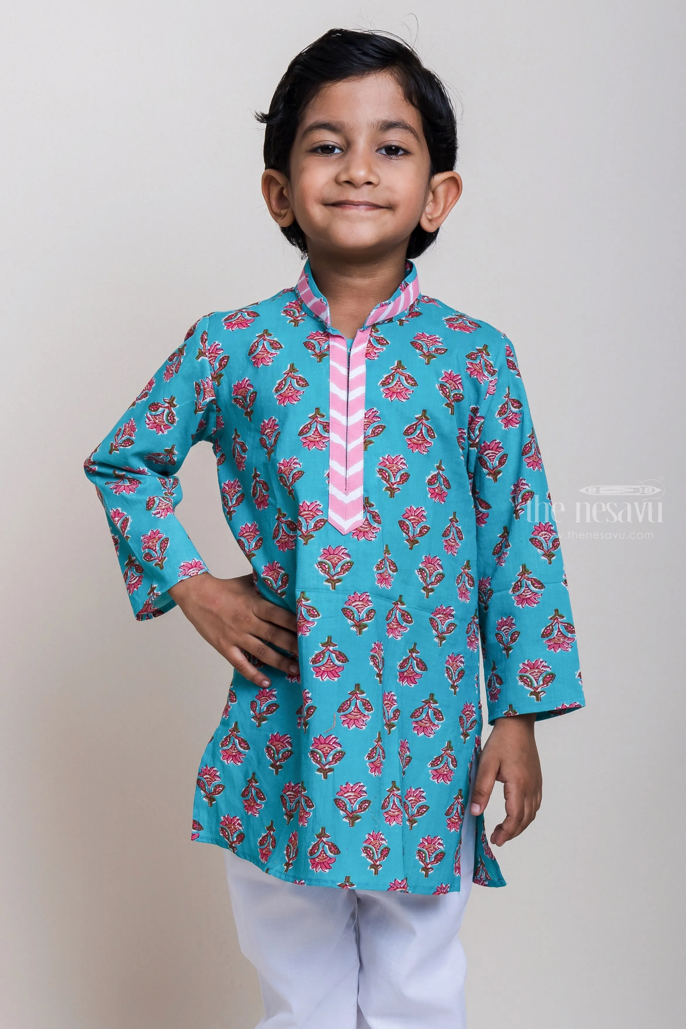 Designer Neck Floral Printed Blue Cotton Kurta And Pyjama For Little Boys