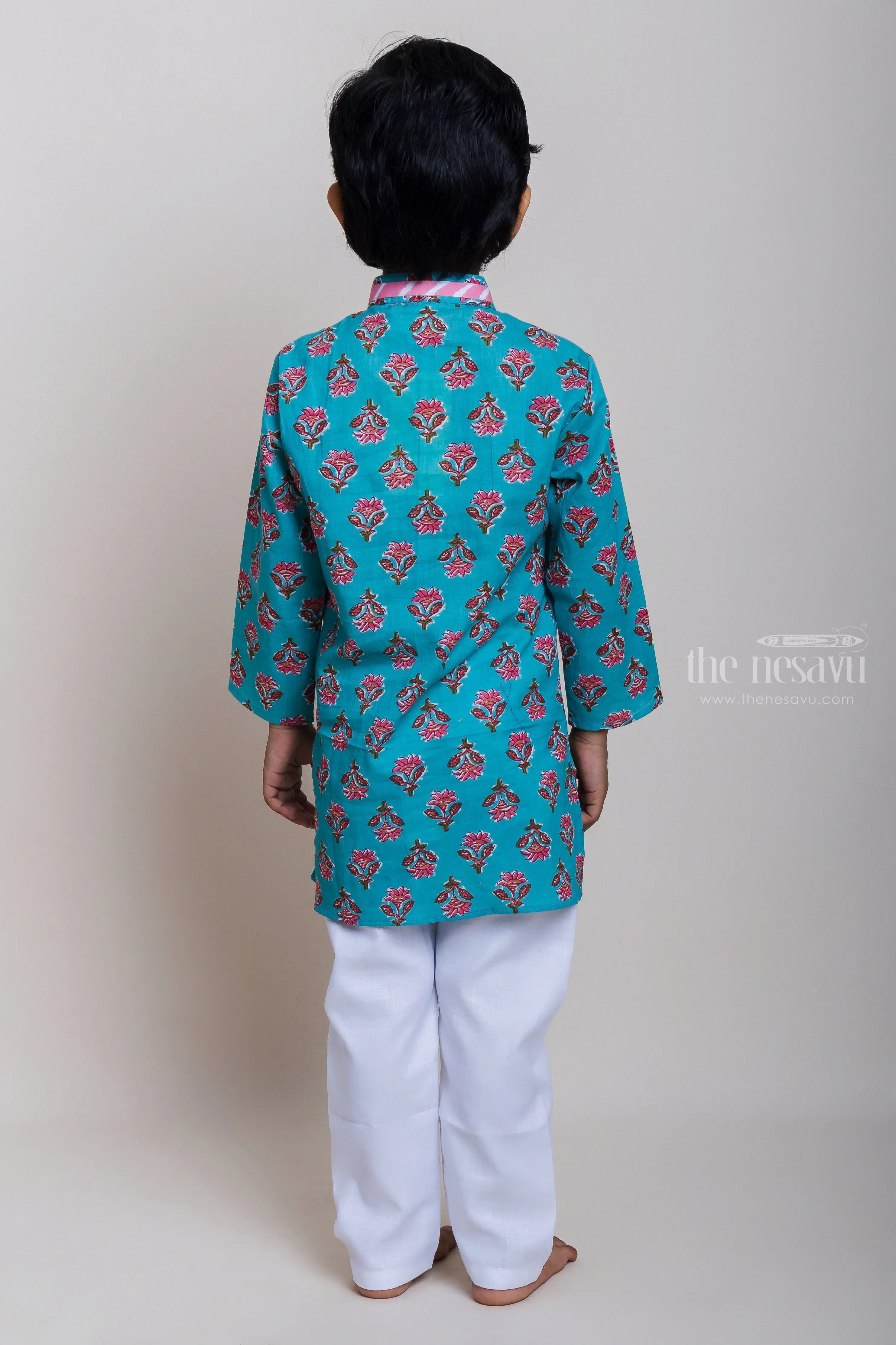 Designer Neck Floral Printed Blue Cotton Kurta And Pyjama For Little Boys