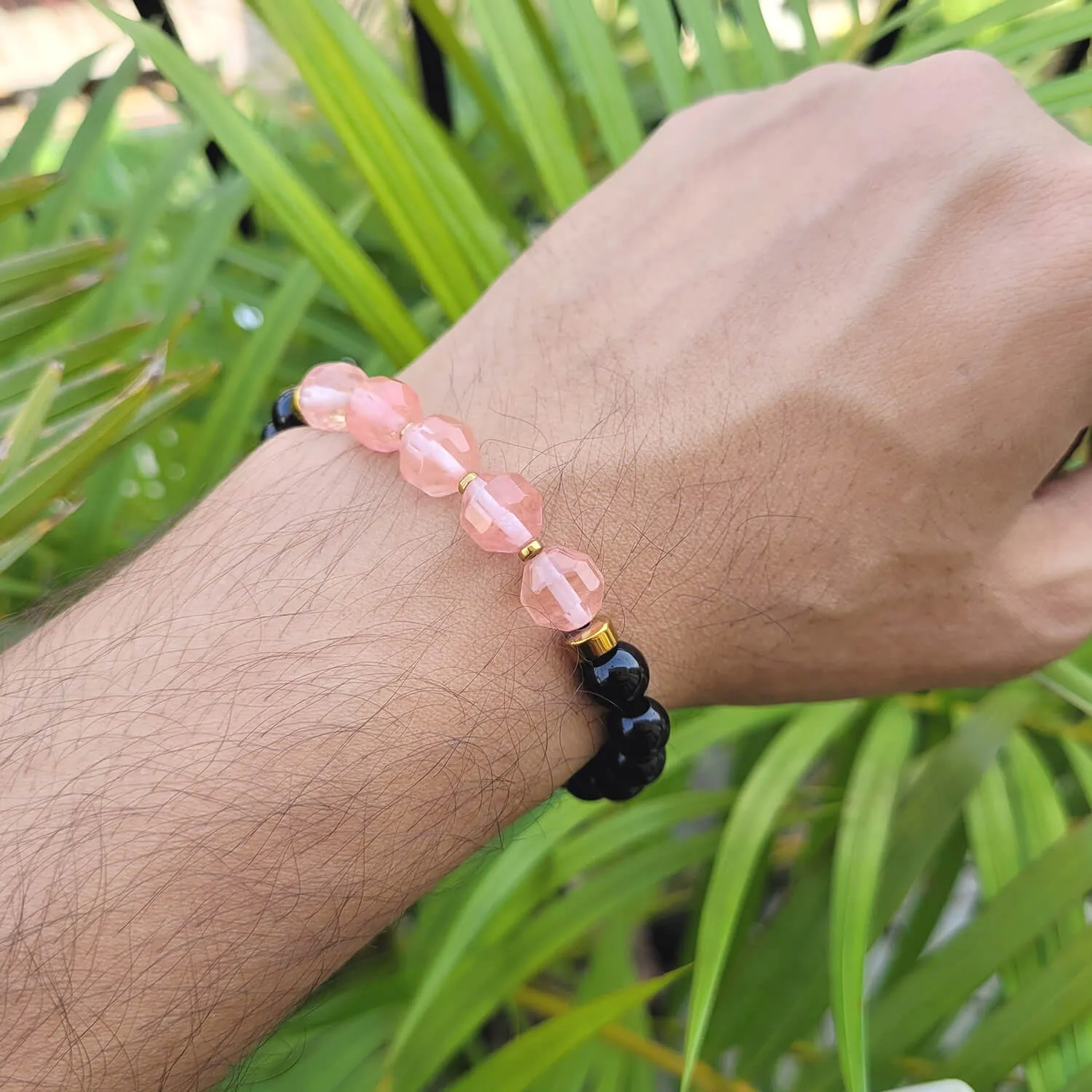 Diamond Cut Strawberry Quartz With Black Obsidian And Golden Hematite Bracelet